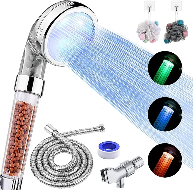 FASTRAS LED filtered shower head, Classic kit finish, with hose and holder
